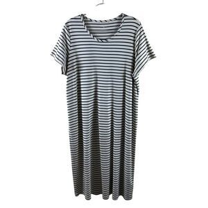 Lands' End Women Cream Navy Stripe Maxi T-Shirt Dress Short Sleeve Size 2X